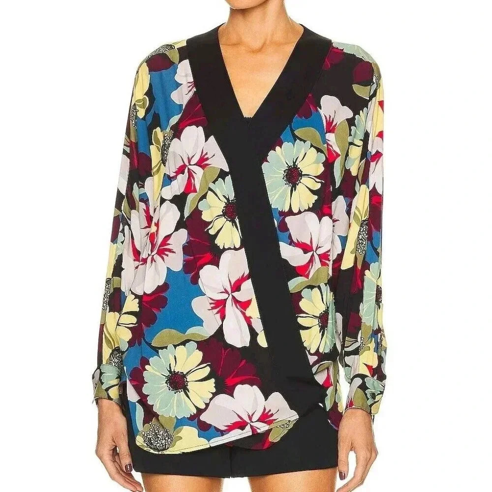 NWT $450 Smythe Viscose Blocked Kimono Floral Blouse Top Size XS with Black Trim